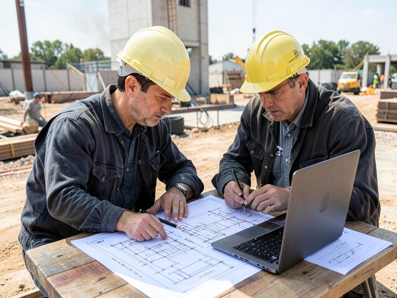 Ingénieurs P.TMD examinant les plans d'exécution sur chantier
